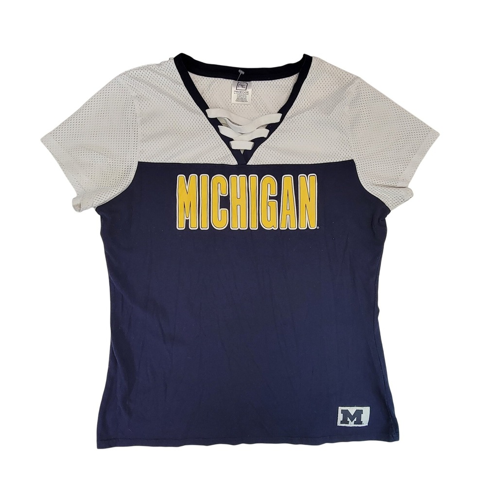 Pro Edge Michigan Wolverines Football Jersey Style Shirt Womens L Lace Up Mesh